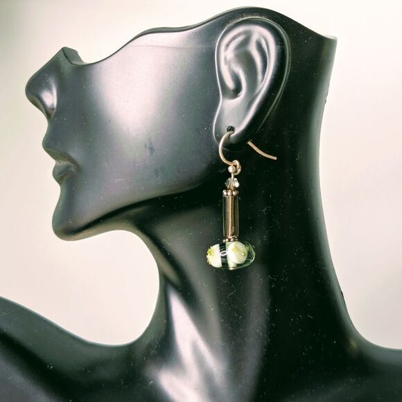 Elegant Grey and Green Glass Bead Handcrafted Dangle Earrings - Picture 5 of 8
